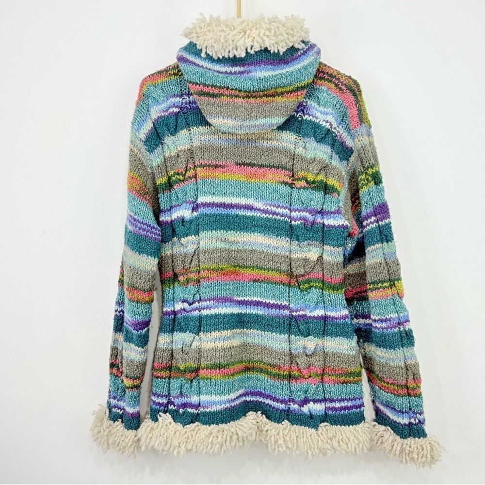 Amano Artisan Handmade Colorful Stripe Hooded Boho Fringe Retro Cardigan Sweater - Picture 9 of 12